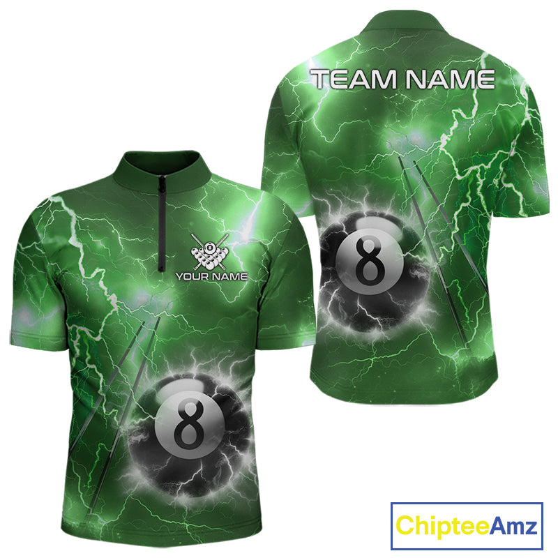 Personalized green thunder lightning 8 ball billiard team jersey quarter zip shirt for men featuring green lightning 8 ball graphics.