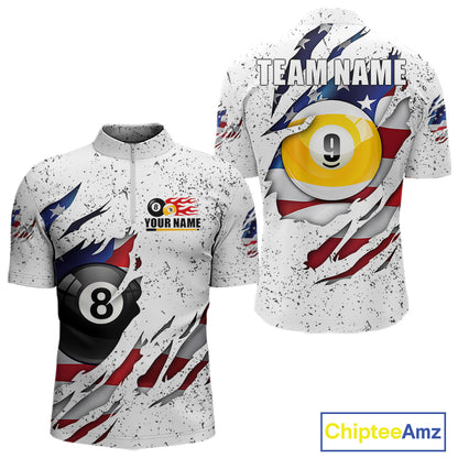 White grunge American flag 8 ball and 9 ball billiard team jersey quarter zip shirt for men featuring patriotic 8 ball and 9 ball graphics.