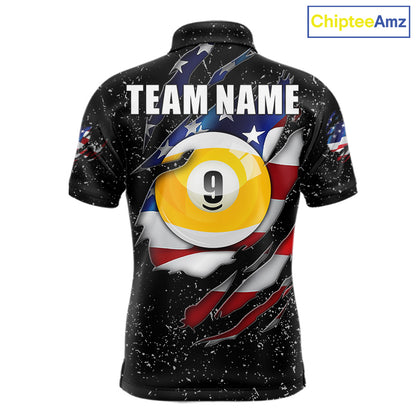 Black grunge American flag 8 ball and 9 ball billiard team jersey polo shirt for men featuring patriotic USA artwork, premium custom pool team apparel.