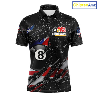 Black grunge American flag 8 ball and 9 ball billiard team jersey polo shirt for men featuring patriotic USA artwork, premium custom pool team apparel.
