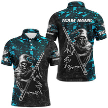 Load image into Gallery viewer, Personalized Cyan Abstract Death Skeleton Men Billiard Shirts, Halloween Scary Billiard Jerseys TDM2760