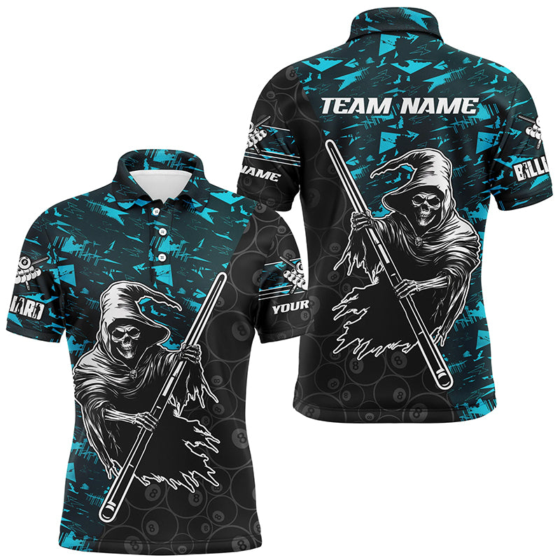 Personalized Cyan Abstract Death Skeleton Men Billiard Shirts, Halloween Scary Billiard Jerseys TDM2760