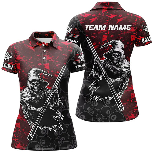 Personalized Red Abstract Death Skeleton Women Billiard Shirts, Halloween Scary Billiard Jerseys TDM2761