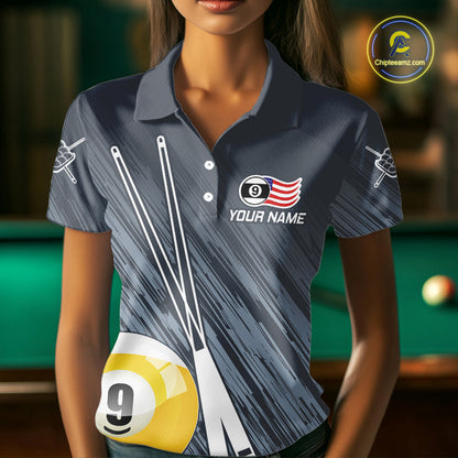 Personalized Billiard US Flag 9 Ball Pool Shirt For Women, Billiard Team Jersey Polo & 1/4 Zip TDM5218