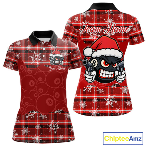 Funny Santa 8 Ball Pool Women's Billiard Shirt Custom Red Plaid Snowflake Christmas Billiard Jersey TDM5223