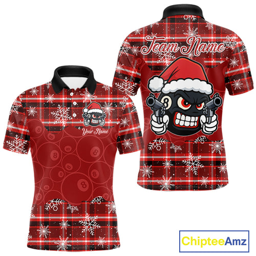 Funny Santa 8 Ball Pool Men's Billiard Shirt Custom Red Plaid Snowflake Christmas Billiard Jersey TDM5223
