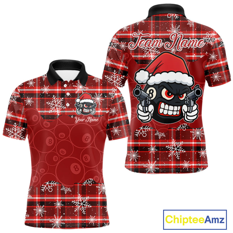 Funny Santa 8 Ball Pool Men's Billiard Shirt Custom Red Plaid Snowflake Christmas Billiard Jersey TDM5223
