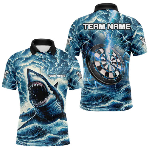 Personalized Shark Blue Lightning Darts Polo & Quarter Zip Custom Dart Shirts For Men Dart Jerseys TDM3442