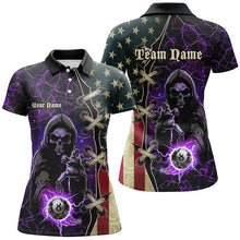 Load image into Gallery viewer, Purple Death Skeleton Lightning US Flag Billiard Shirts For Women, Patriotic Team League Pool Jerseys TDM1836