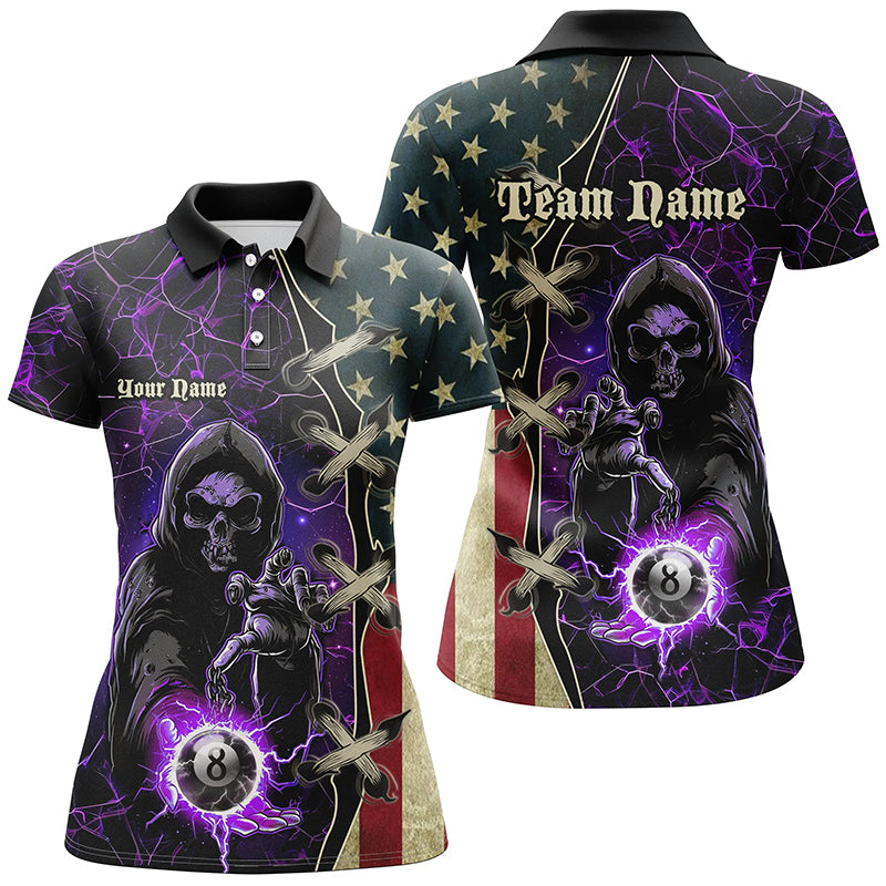 Purple Death Skeleton Lightning US Flag Billiard Shirts For Women, Patriotic Team League Pool Jerseys TDM1836