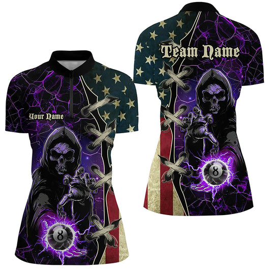 Purple Grim Reaper Lightning US Flag Billiard Shirts For Women, Patriotic Team League Pool Jerseys TDM1836