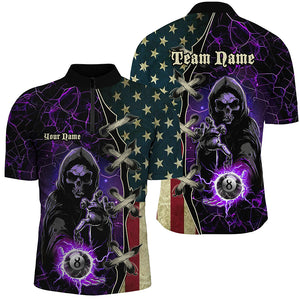 Purple Death Skeleton Lightning US Flag Billiard Shirts For Men, Patriotic Team League Pool Jerseys TDM1836