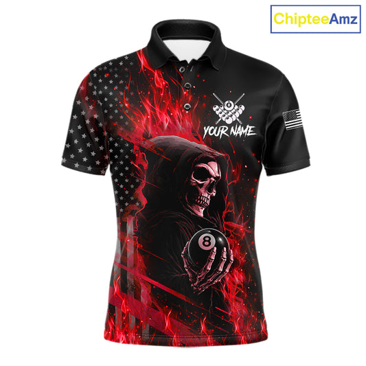 Red Flaming Grim Reaper US Flag 8 Ball Billiard Polo Shirt Featuring a Patriotic Custom Design for Pool League Team Players and Tournament Events