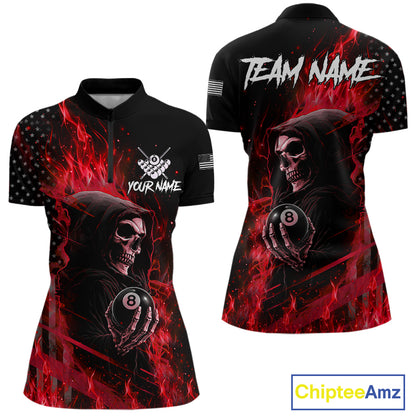 Red Flaming Grim Reaper US Flag 8 Ball Quarter Zip Billiard Shirt with Custom Women's Pool League Team Design and Athletic Performance