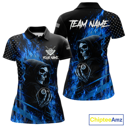 Custom Blue Flaming Grim Reaper US Flag 8 Ball Pool Polo Shirt Designed for Personalized Women's Billiard Team Jerseys with Athletic Style