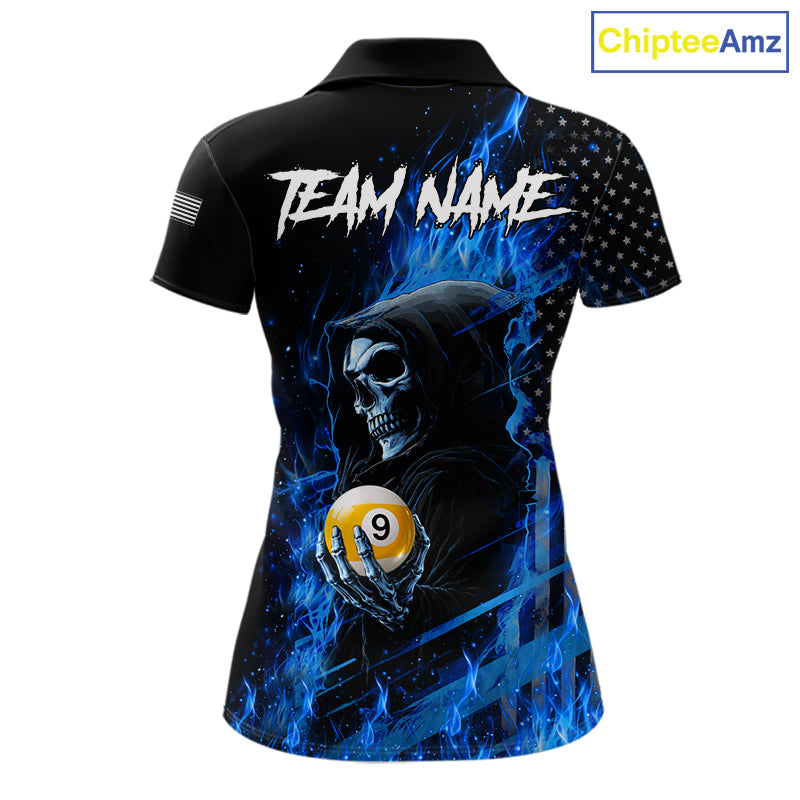 Custom Blue Flame Grim Reaper US Flag 8 Ball and 9 Ball Pool Polo Shirt Designed for Personalized Women's Billiard Team Jerseys and Tournament Events