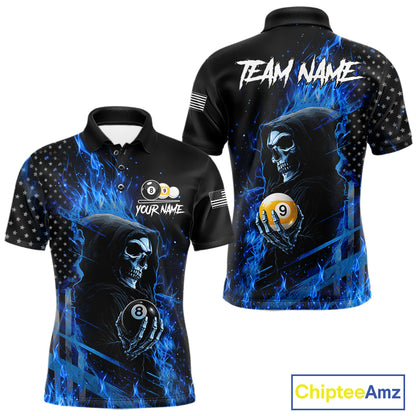 Blue Flame 8 Ball and 9 Ball Grim Reaper US Flag Billiard Polo Shirt Featuring a Patriotic Custom Design for Pool League Players and Team Competition