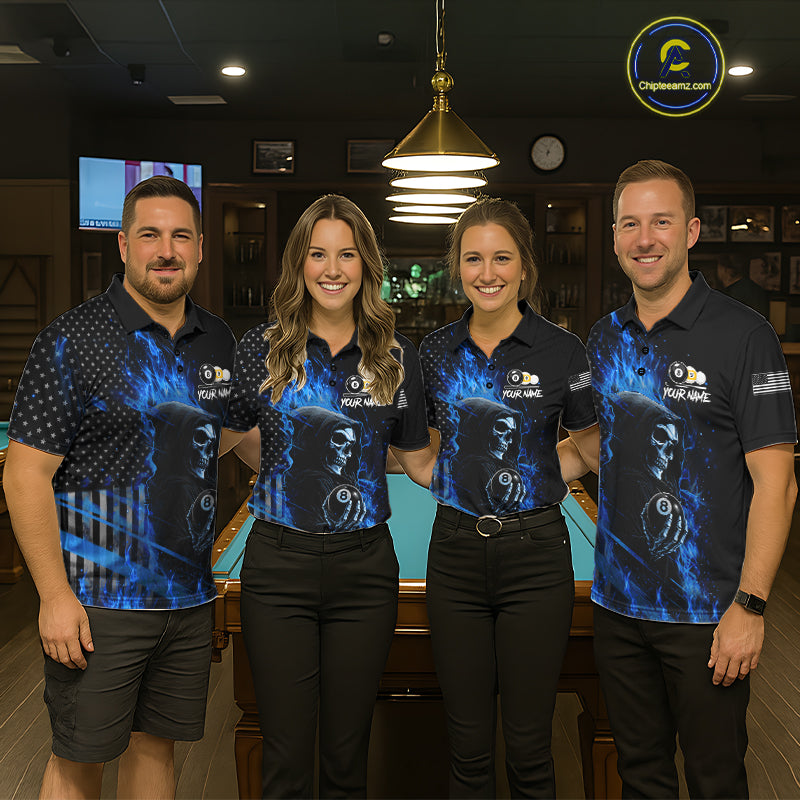 Pool Team Wearing Blue Flame 8 Ball and 9 Ball Grim Reaper US Flag Custom Billiard Jerseys During League Competition, Front View