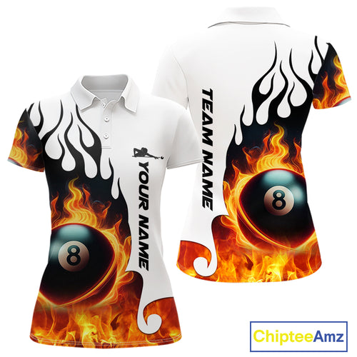 Personalized Orange 8 Ball Fire Flame Women's Billiard Shirt Custom Pool Team Jersey Polo & 1/4 Zip TDM5229