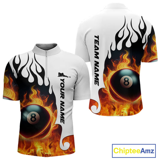 Personalized Orange 8 Ball Fire Flame Men's Billiard Shirt Custom Pool Team Jersey Polo & 1/4 Zip TDM5229