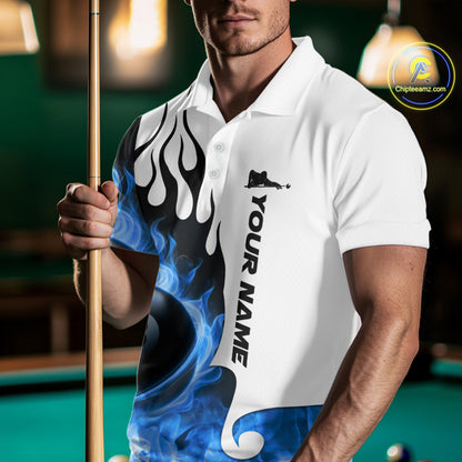 Personalized Blue 8 Ball Fire Flame Men's Billiard Shirt Custom Pool Team Jersey Polo & 1/4 Zip TDM5230