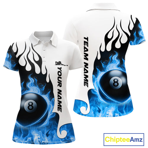 Personalized Blue 8 Ball Fire Flame Women's Billiard Shirt Custom Pool Team Jersey Polo & 1/4 Zip TDM5230