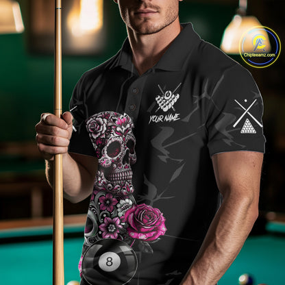 Personalized Pink 8 Ball Skull Roses Billiard Shirt For Men Custom Valentine Billiard Gifts TDM5750