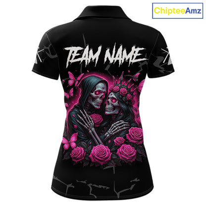 Personalized Pink 8 Ball Skull Roses Billiard Shirt For Women Custom Valentine Billiard Gifts TDM5750