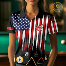 Load image into Gallery viewer, American Flag Billiard Shirt For Women Custom Patriotic Pool Team Jersey Polo &amp; 1/4 Zip |Black TDM5752