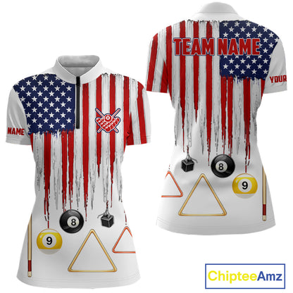 American Flag Billiard Shirt For Women Custom Patriotic Pool Team Jersey Polo & 1/4 Zip |White TDM5753