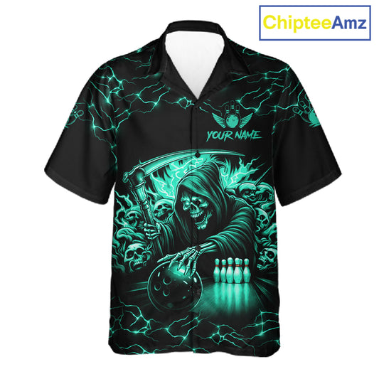 Turquoise Grim Reaper Lightning Hawaiian Bowling Shirt For Men Women, Bowling Team Jersey TDM5951