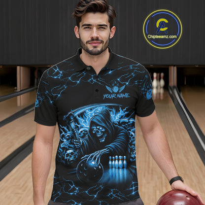 Custom Blue Grim Reaper Lightning Bowling Shirt For Men, Skull Bowling Jersey Team Polo & 1/4 Zip TDM5953
