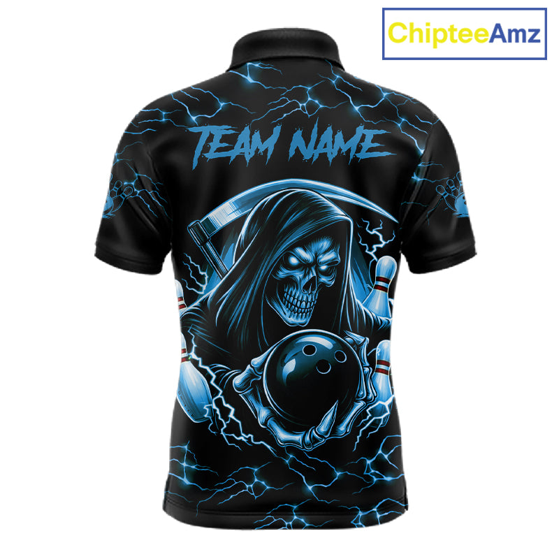 Custom Blue Grim Reaper Lightning Bowling Shirt For Men, Skull Bowling Jersey Team Polo & 1/4 Zip TDM5953