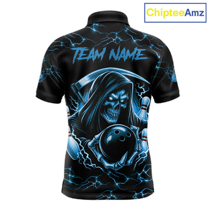 Custom Blue Grim Reaper Lightning Bowling Shirt For Men, Skull Bowling Jersey Team Polo & 1/4 Zip TDM5953