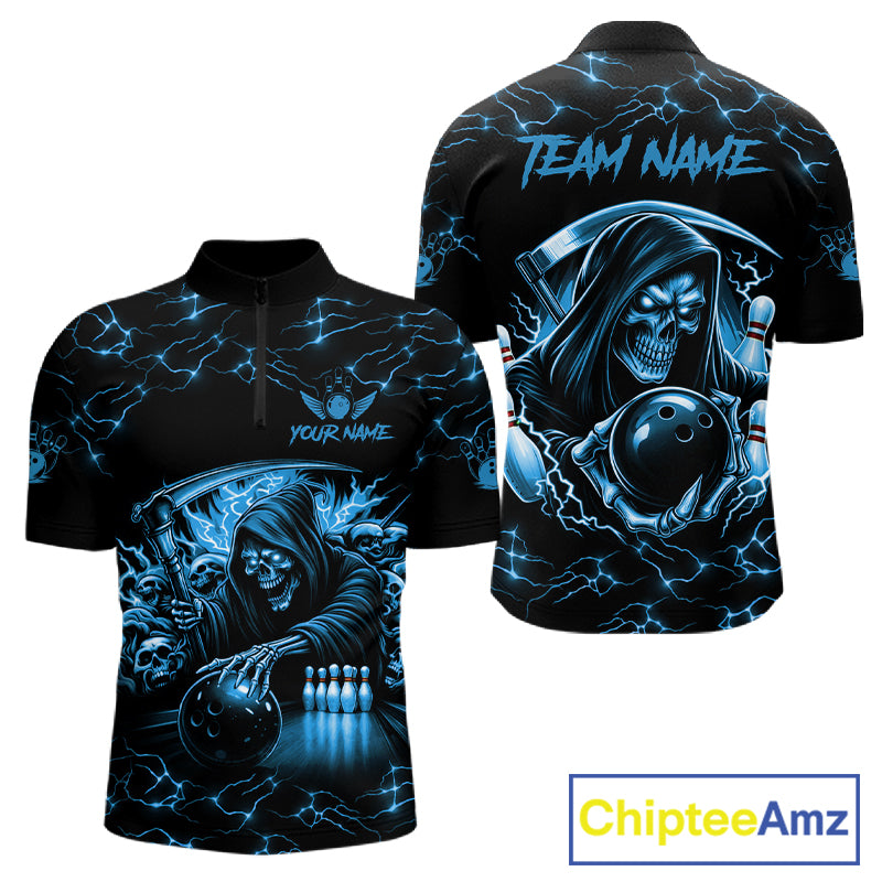 Custom Blue Grim Reaper Lightning Bowling Shirt For Men, Skull Bowling Jersey Team Polo & 1/4 Zip TDM5953