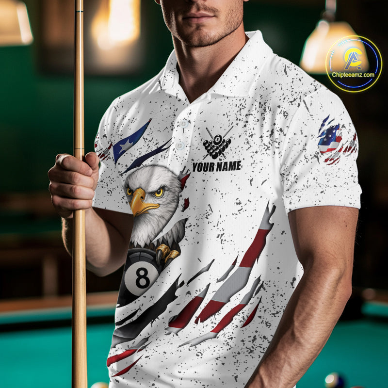 White Grunge US Flag Eagle Billiard Shirt For Men Custom 8 Ball Pool Team Jersey Polo & 1/4 Zip TDM5956