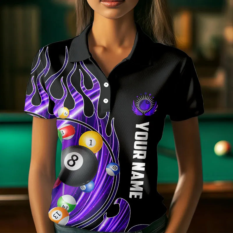 3D Billiard Balls Fire Flame Custom Pool Shirts For Women, Billiard League Team Jerseys | Purple TDM3753
