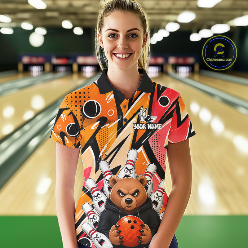 Personalized Funny Bear Graffiti Bowling Jersey For Women, Custom Bowling Team Shirts Polo & 1/4 Zip TDM6548