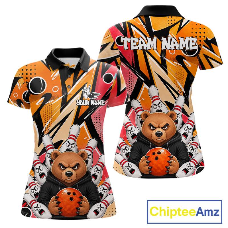 Personalized Funny Bear Graffiti Bowling Jersey For Women, Custom Bowling Team Shirts Polo & 1/4 Zip TDM6548