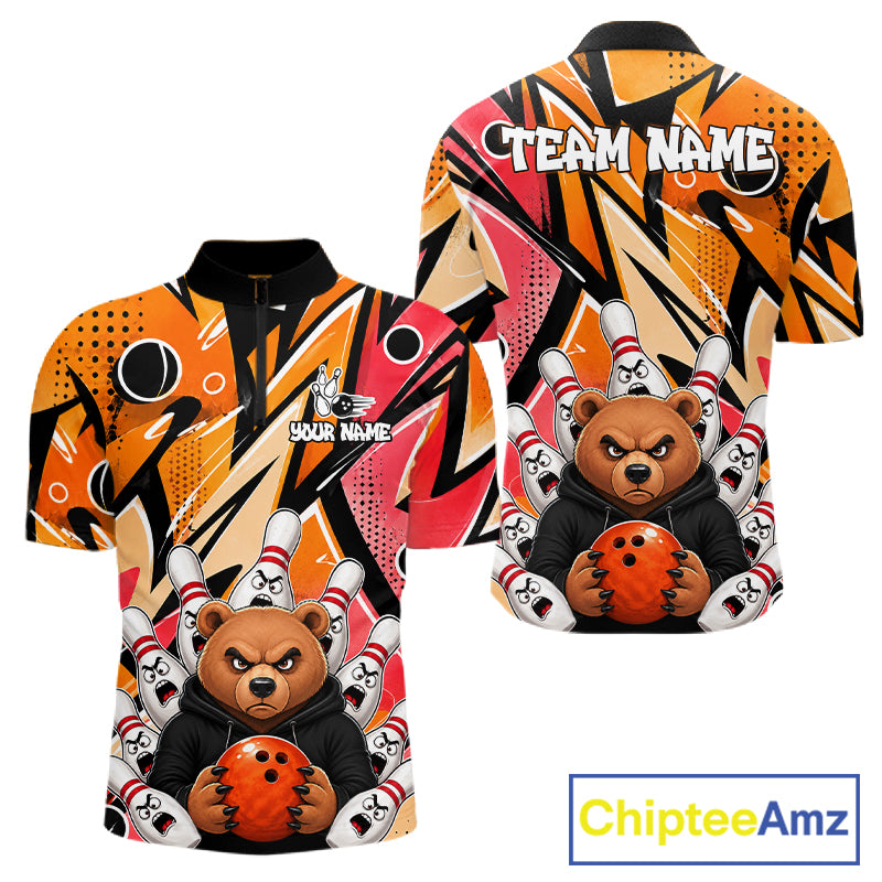 Personalized Funny Bear Graffiti Bowling Jersey For Men, Custom Bowling Team Shirts Polo & 1/4 Zip TDM6548
