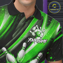 Load image into Gallery viewer, Custom Green Flaming Silver Bowling Jersey For Men, Bowling League Team Shirts Polo &amp; Quarter Zip TDM6551