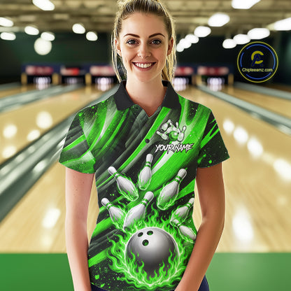 Custom Green Flaming Silver Bowling Jersey For Women, Bowling League Team Shirts Polo & Quarter Zip TDM6551