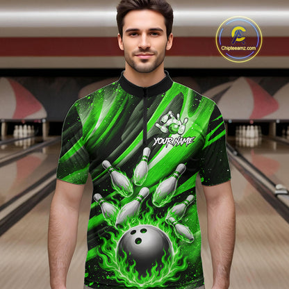 Custom Green Flaming Silver Bowling Jersey For Men, Bowling League Team Shirts Polo & Quarter Zip TDM6551