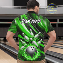 Load image into Gallery viewer, Custom Green Flaming Silver Bowling Jersey For Men, Bowling League Team Shirts Polo &amp; Quarter Zip TDM6551