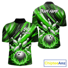 Load image into Gallery viewer, Custom Green Flaming Silver Bowling Jersey For Men, Bowling League Team Shirts Polo &amp; Quarter Zip TDM6551