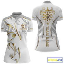 Load image into Gallery viewer, White and gold dartboard crown darts quarter zip shirt for women designed for league tournaments and team events.