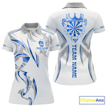 Load image into Gallery viewer, White and blue dartboard crown darts polo shirt for women with custom darts team graphics.