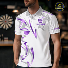 Load image into Gallery viewer, Man wearing a white and purple dartboard crown darts jersey front view.