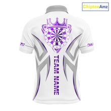 Load image into Gallery viewer, White and purple dartboard crown darts polo shirt for men with custom darts team graphics.