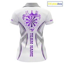 Load image into Gallery viewer, White and purple dartboard crown darts polo shirt for women with custom darts team graphics.